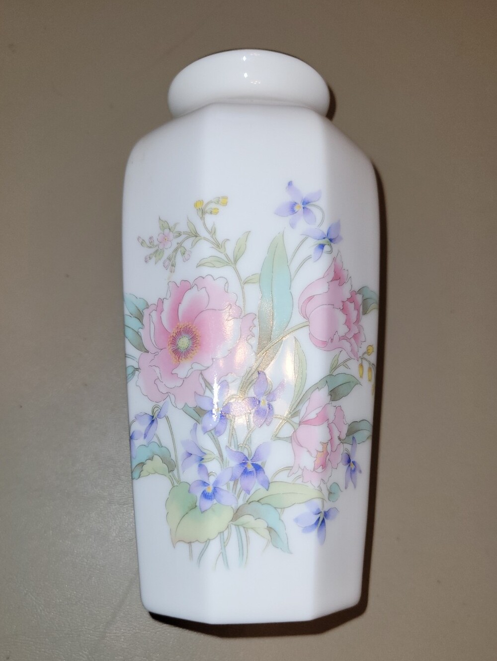 Fine China White Floral Porcelain Vase with Pink and Purple Blooms.